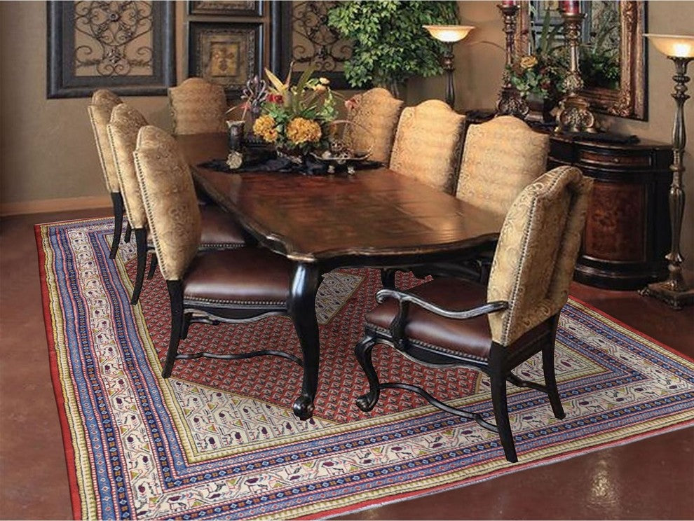 Red New Persian Sarouk Mir Full Pile Pure Wool Small Design Rug , 6'7" x 10'2"
