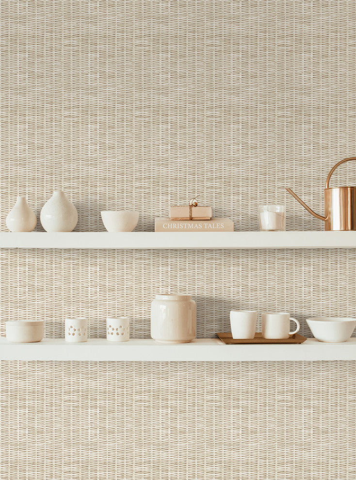 Rattan Weave Look Peel and Stick Vinyl Wallpaper, White Wash, 24" X 60"