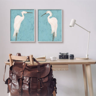 Nautical Heron Casual Coastal Bird Distressed Blue Painting, 2pc, each 16 x 20