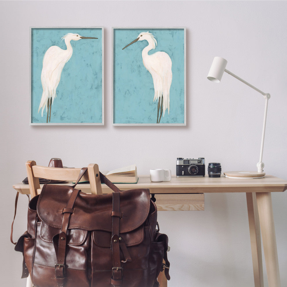 Nautical Heron Casual Coastal Bird Distressed Blue Painting, 2pc, each 16 x 20