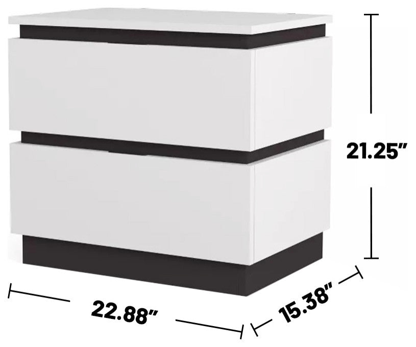 2 Drawers Nightstand, White/Metallic Gray