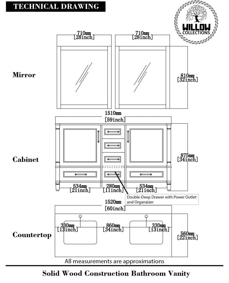 Aberdeen 60 Double Bathroom Vanity in Coventry Gray 2" Empira Quartz