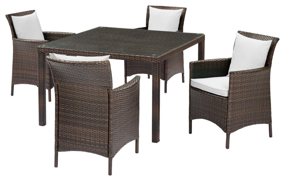 Side Dining Chair and Table Set, Rattan, Wicker, Brown White, Modern, Outdoor