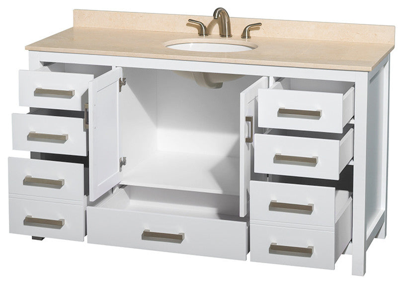 Sheffield 60" White Single Vanity, Ivory Marble Top, Um Rd Sink, No