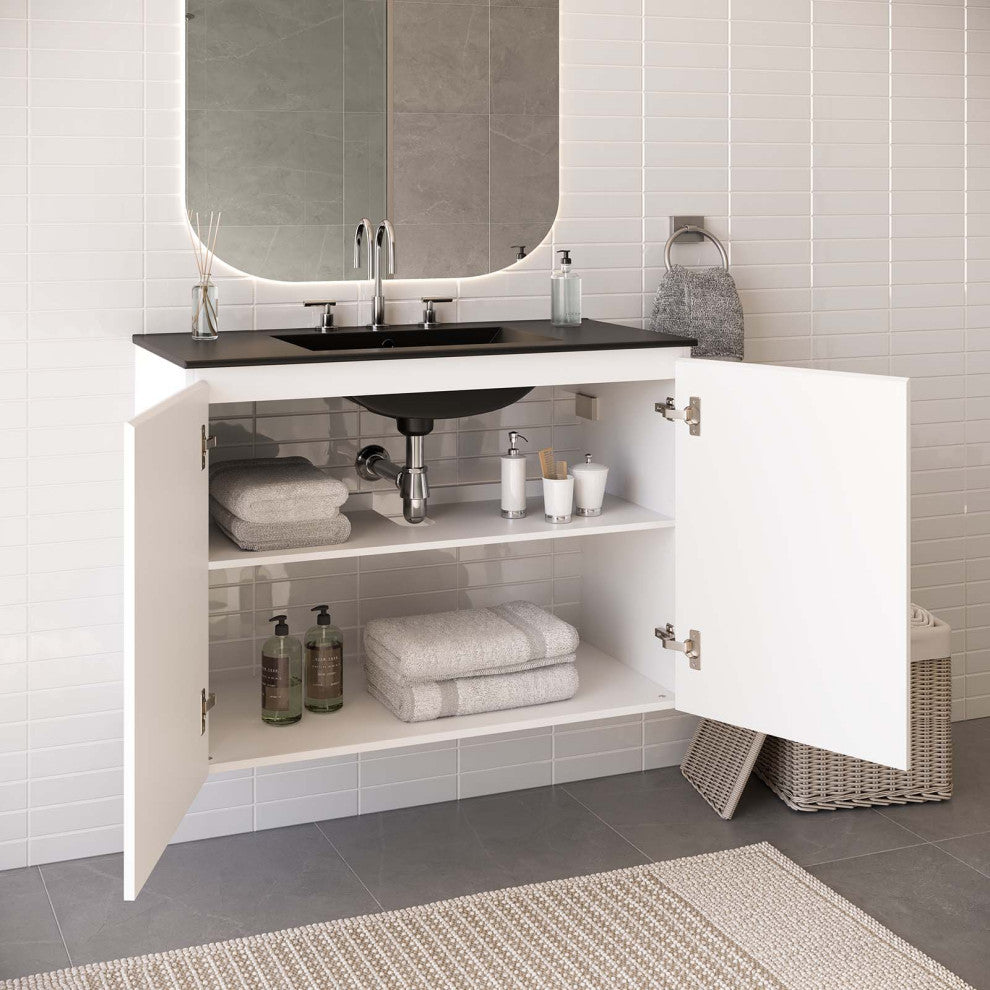Sink Vanity Cabinet, Wall Mount, Black White, Ceramic, Modern, Hotel Bathroom