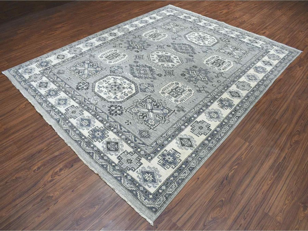 Gray Pure Wool Handknotted Peshawar With Karajeh Design Oriental Rug,8'0"x10'0"