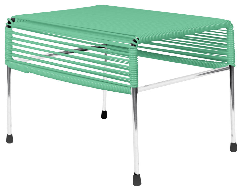 Atom Indoor/Outdoor Handmade Ottoman with Chrome Frame, Seafoam Weave