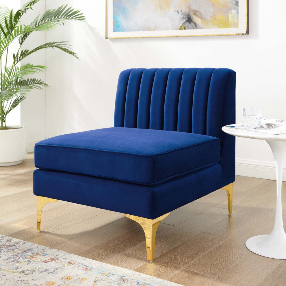 Tufted Sofa Middle Chair, Velvet, Blue Navy, Modern, Living Lounge Hospitality