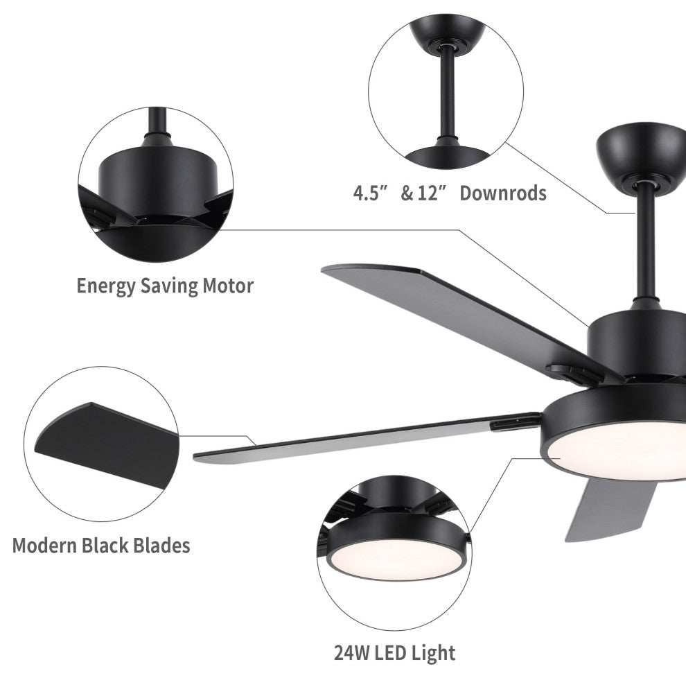 52" Modern 5-Blade Black Ceiling Fan With LED Light Kit and Remote
