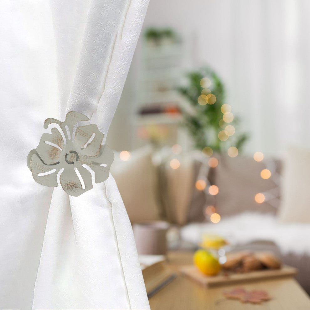Set of 2 Metal Curtain Tiebacks "“ Elegant Poppy Flower Design Clip, Ivory