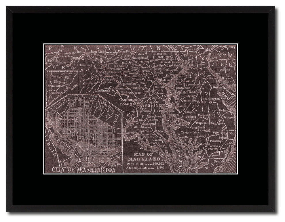 Maryland Vivid Sepia Map Print On Canvas With Black Custom Frame, 16" X 21"
