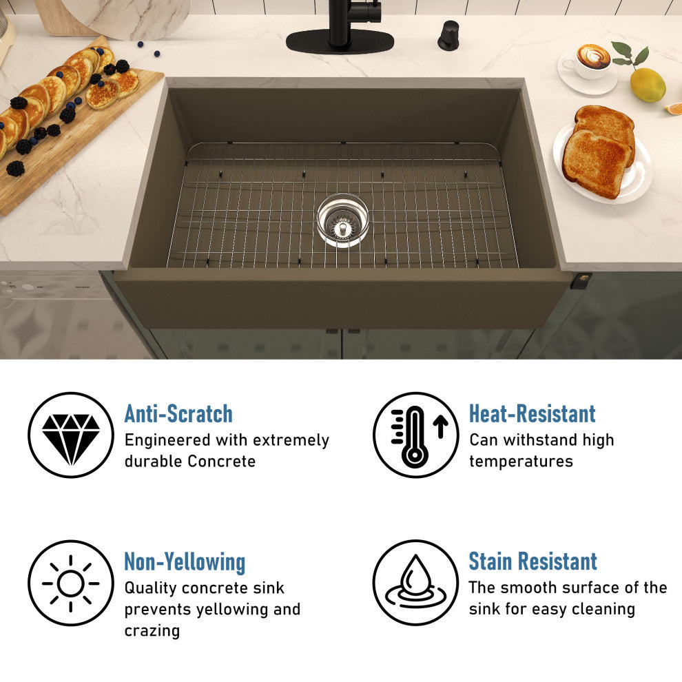 33in Single Bowl Farmhouse Apron Kitchen Sink with Bottom Grid and Drainer, Taupe Clay