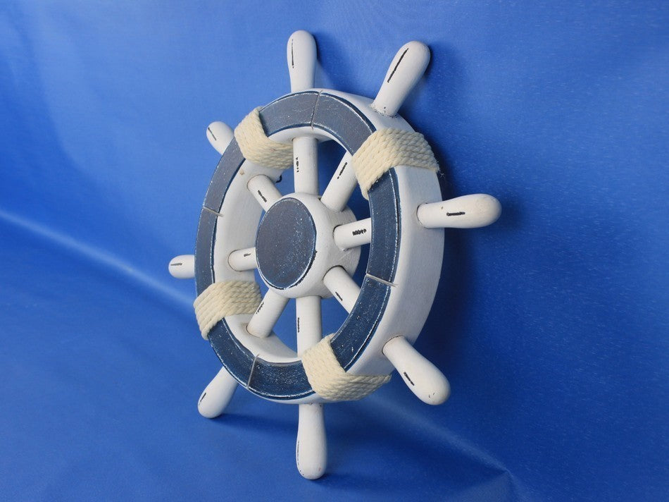 Rustic Dark Blue and White Ship Wheel 12'', Beach Decor, Nautical Ship Wheel
