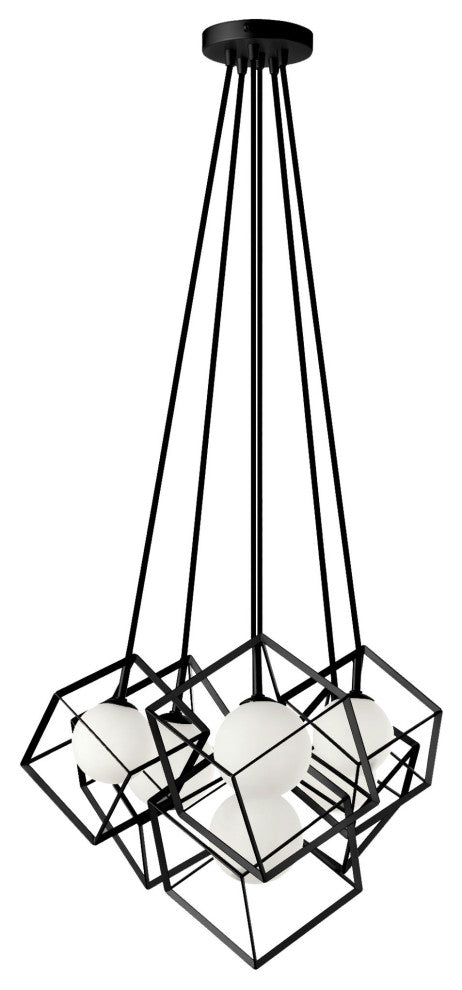 6 Light Halogen Pendant, Matte Black Finish with Opal Glass