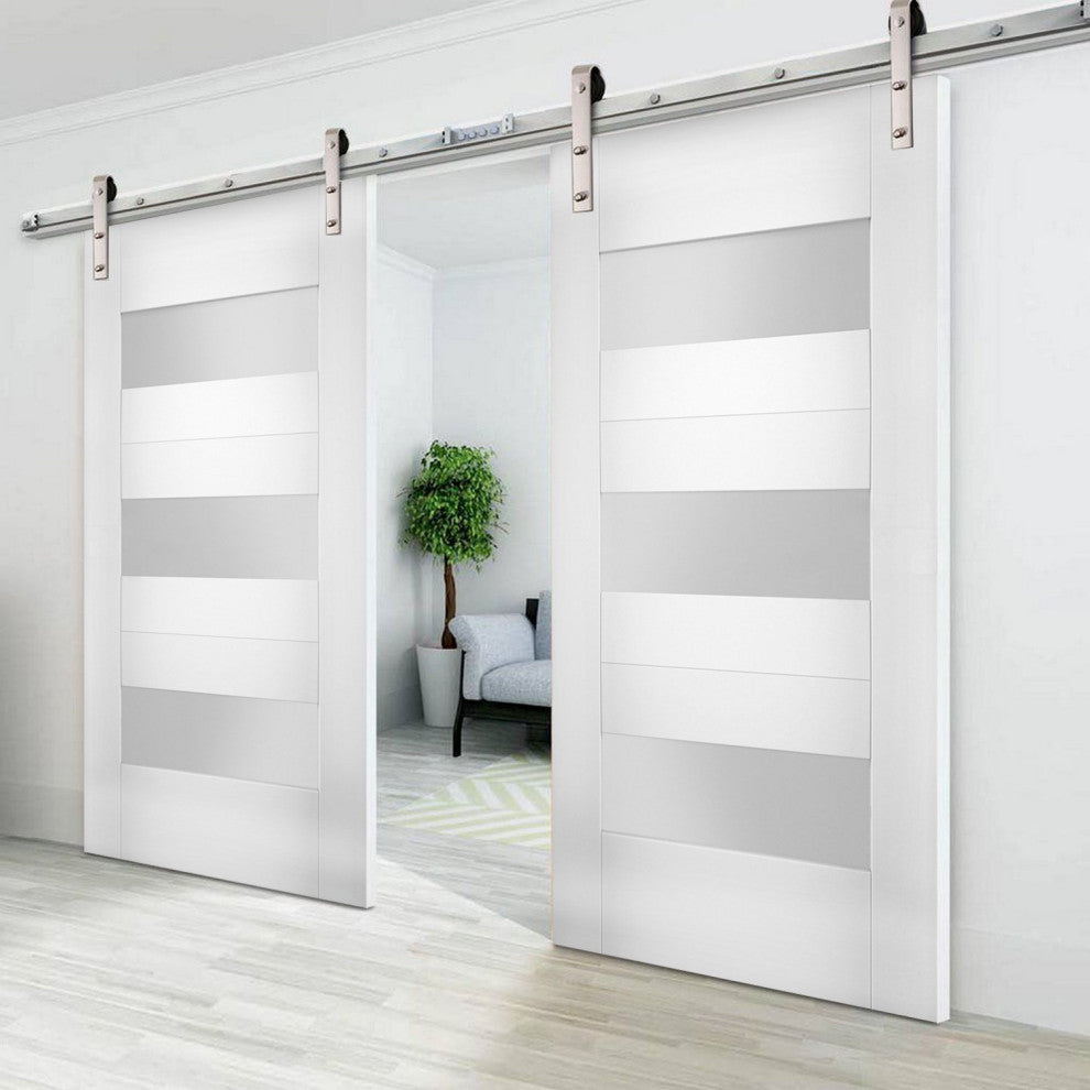Double Barn Doors Opaque Glass / Sete 6003 White Silk / Silver 13FT Rail, 56" X 80" ( 2* 28x80)