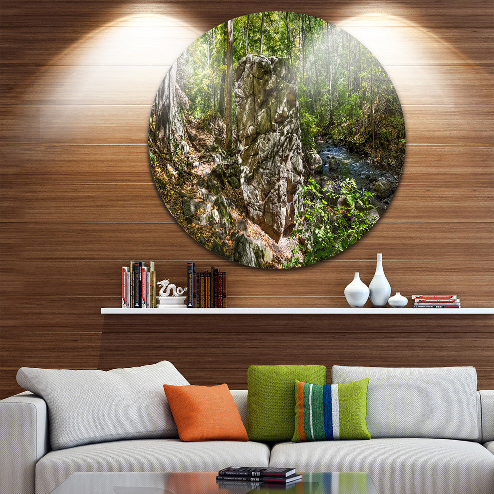 Huge Rock In Black River Shore, Landscape Round Metal Wall Art, 23"