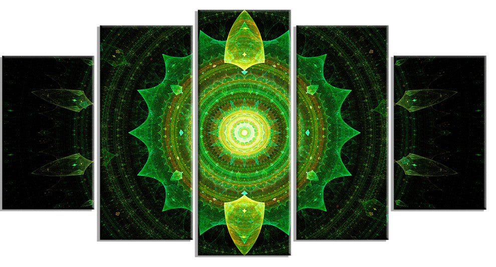 Cabalistic Green Fractal Sphere, Abstract Canvas Art Print, 60"x32", 5 Panels