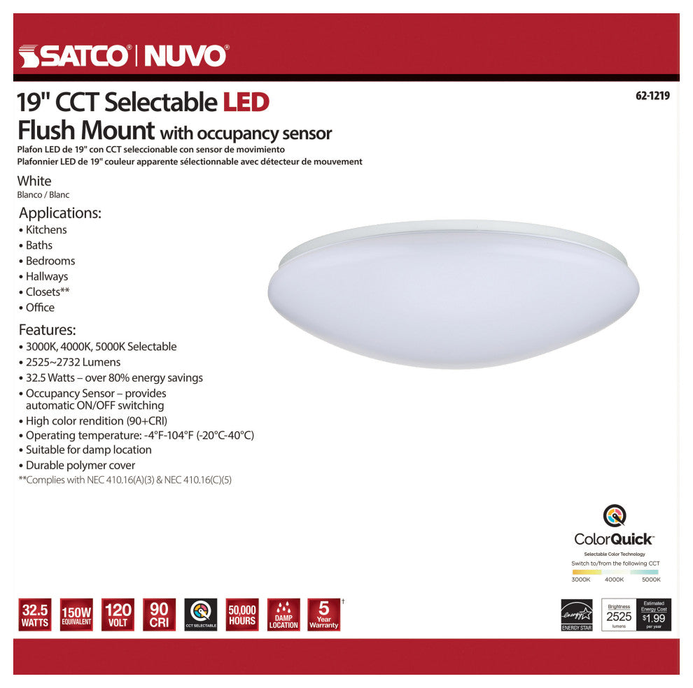 19 inch - Flush Mounted LED Fixture - CCT Selectable - Round - White Acrylic - w