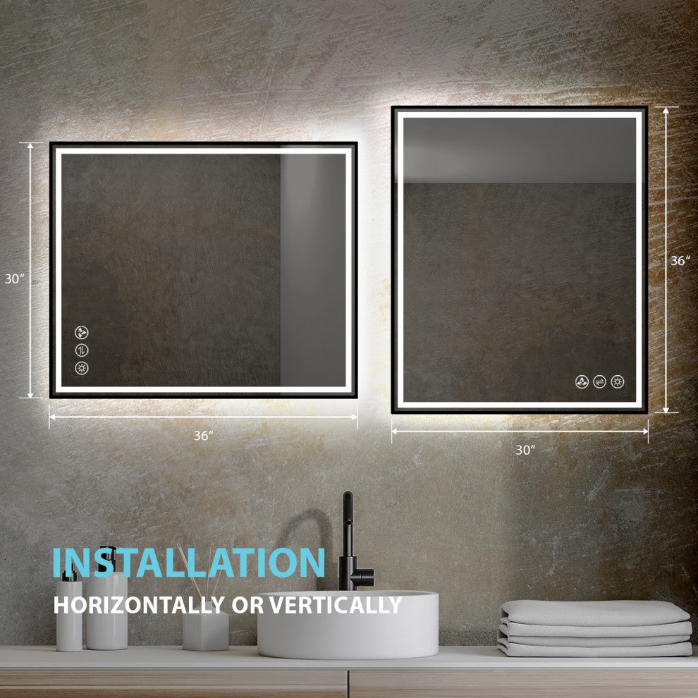 Fogless, Dimmable, Color Temperature Adjustable LED Mirror, Matte Black, 30x36