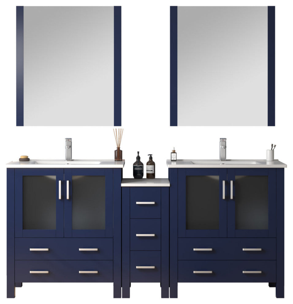 Lexora Volez 72" Vanity Cabinet, Navy Blue, Top, Mirror, 4 Doors 7 Drawers