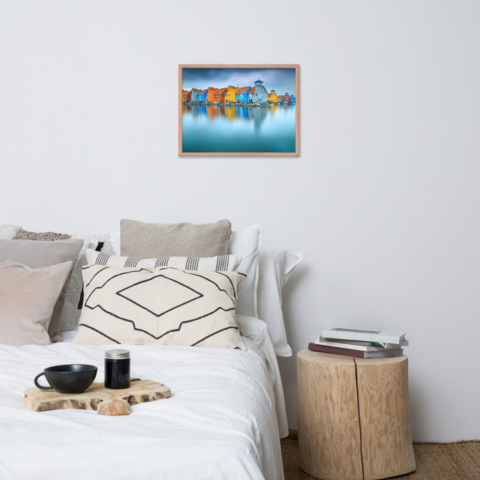 Blue Morning at Waters Edge Landscape Framed Photo Paper Wall Art Prints, Red Oak, 18" X 24"