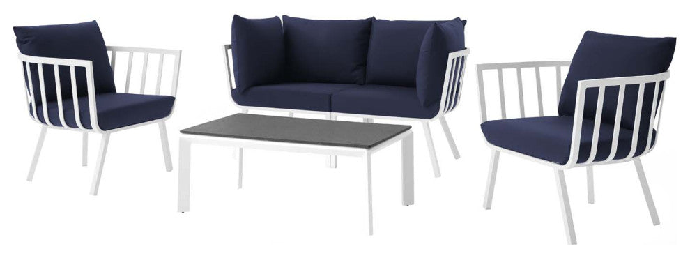 Lounge Sectional Sofa Chair Set, Aluminum, Metal, White Blue Navy, Outdoor