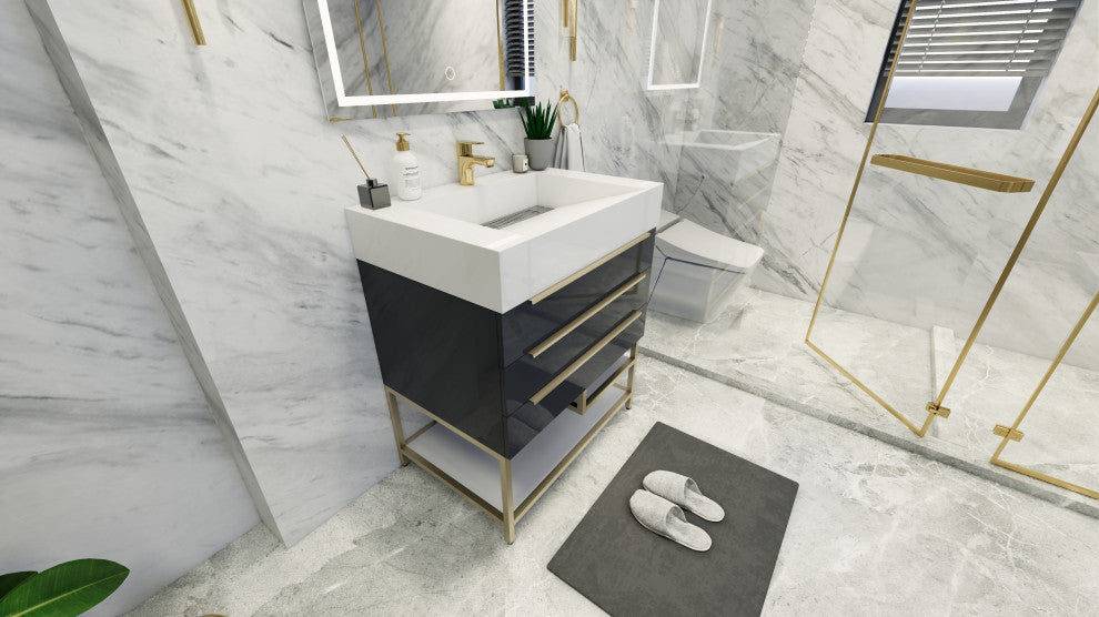 Madison 30" Freestanding Vanity with Reinforced Acrylic Sink, Dark Glossy Gray