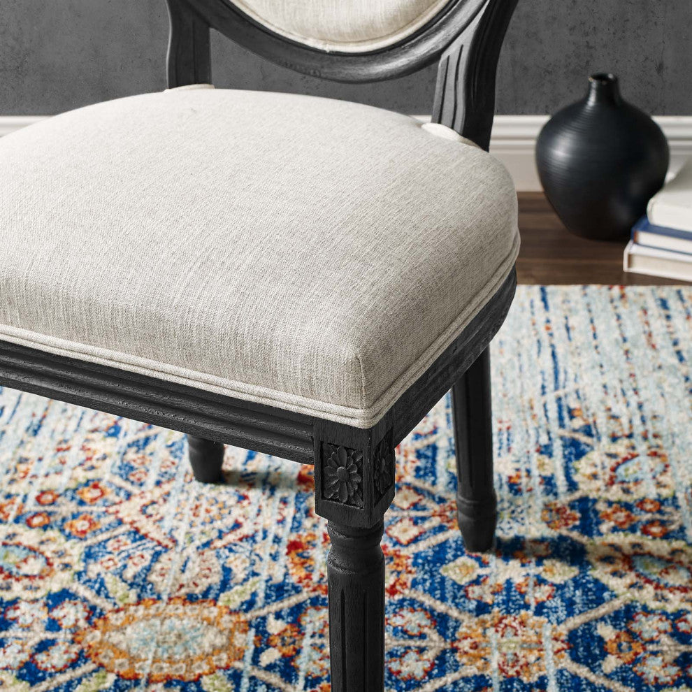 French Vintage Side Dining Chair, Fabric, Wood, Black Beige, Modern, Cafe Bistro