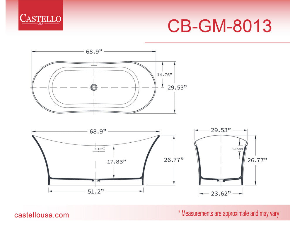 CastelloUSA Ocean Solid Surface Freestanding Tub, Gray