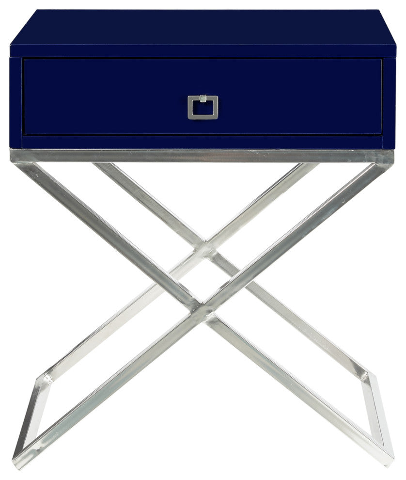 Katie Square Lacquer-Finish X-Metal Leg Nightstand, Navy Chrome