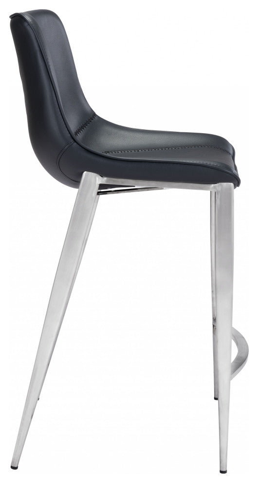 Set of Two Black Faux Leather and Steel Modern Stitch Bucket Counter Chairs