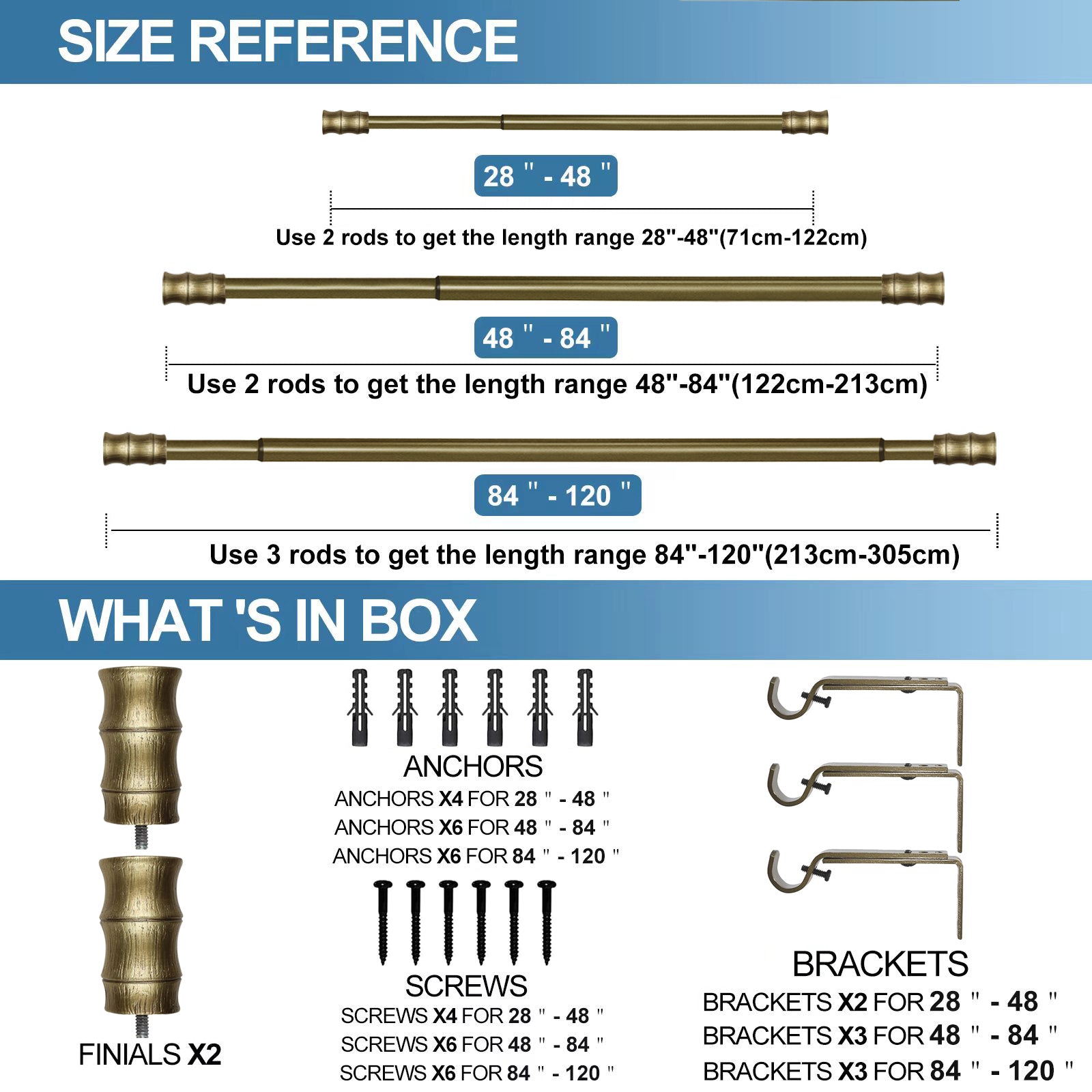 1" Diameter Bamboo Curtain Rod, 48"-84", Renaissance Gold