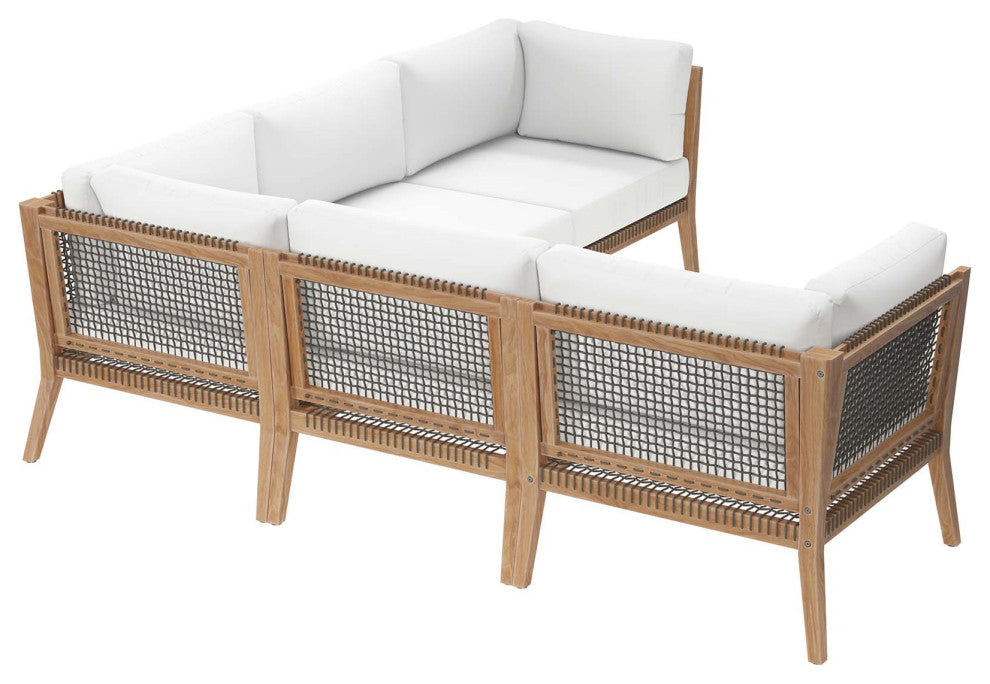 Clearwater Outdoor Patio Teak Wood 5-Piece Sectional Sofa, Gray White