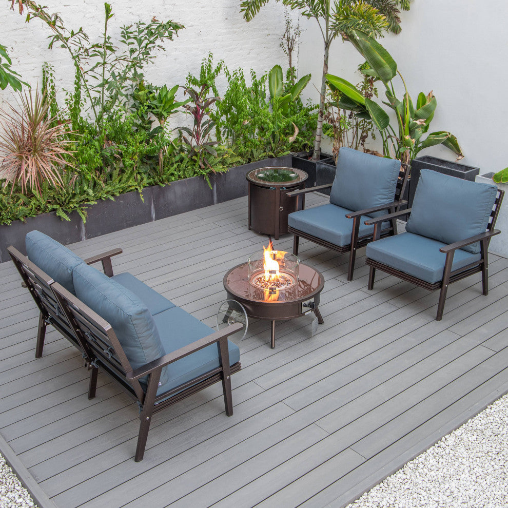 LeisureMod Walbrooke Brown Patio Sofa Set With Round Fire Pit Table, Navy Blue