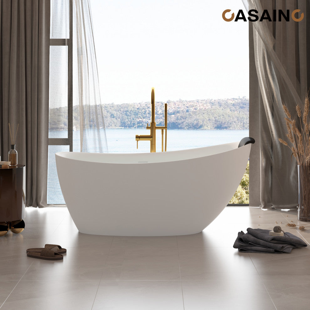 59in White Solid Surface Freestanding Soaking Bathtub with Drain, 67in