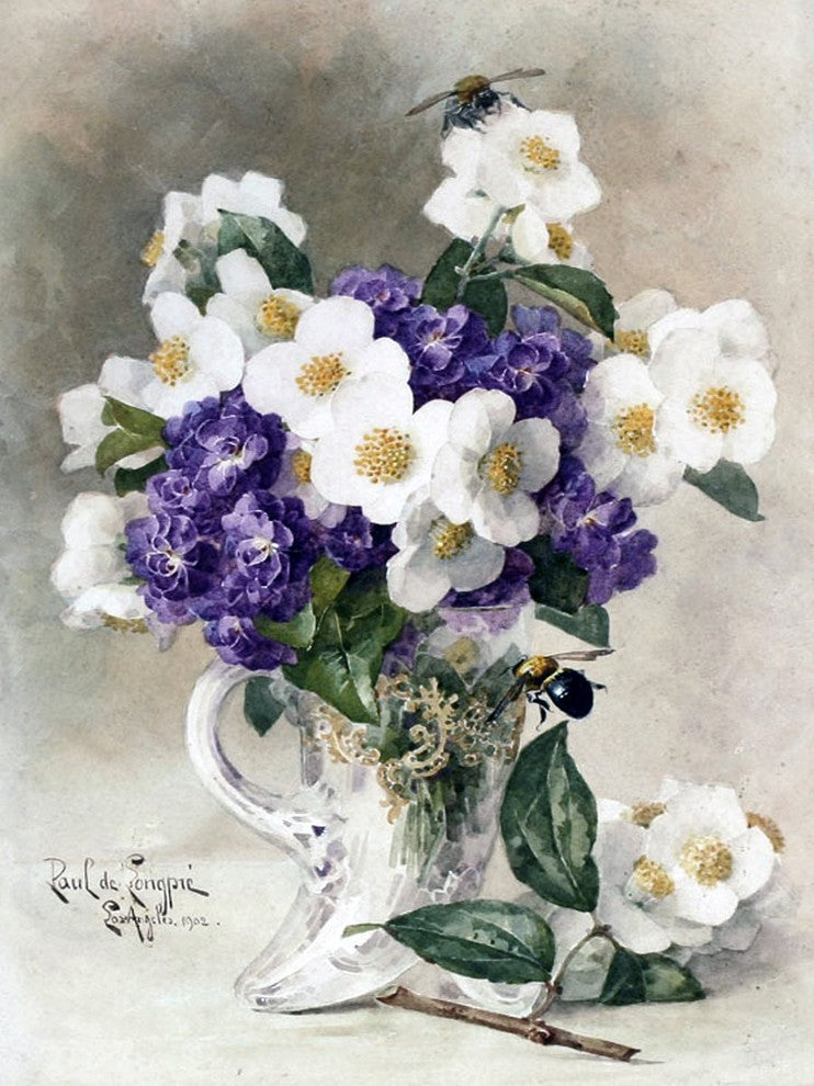 Tile Mural Still Life Of White-Purple Bouquet Of Flowers, 6"x8", Glossy