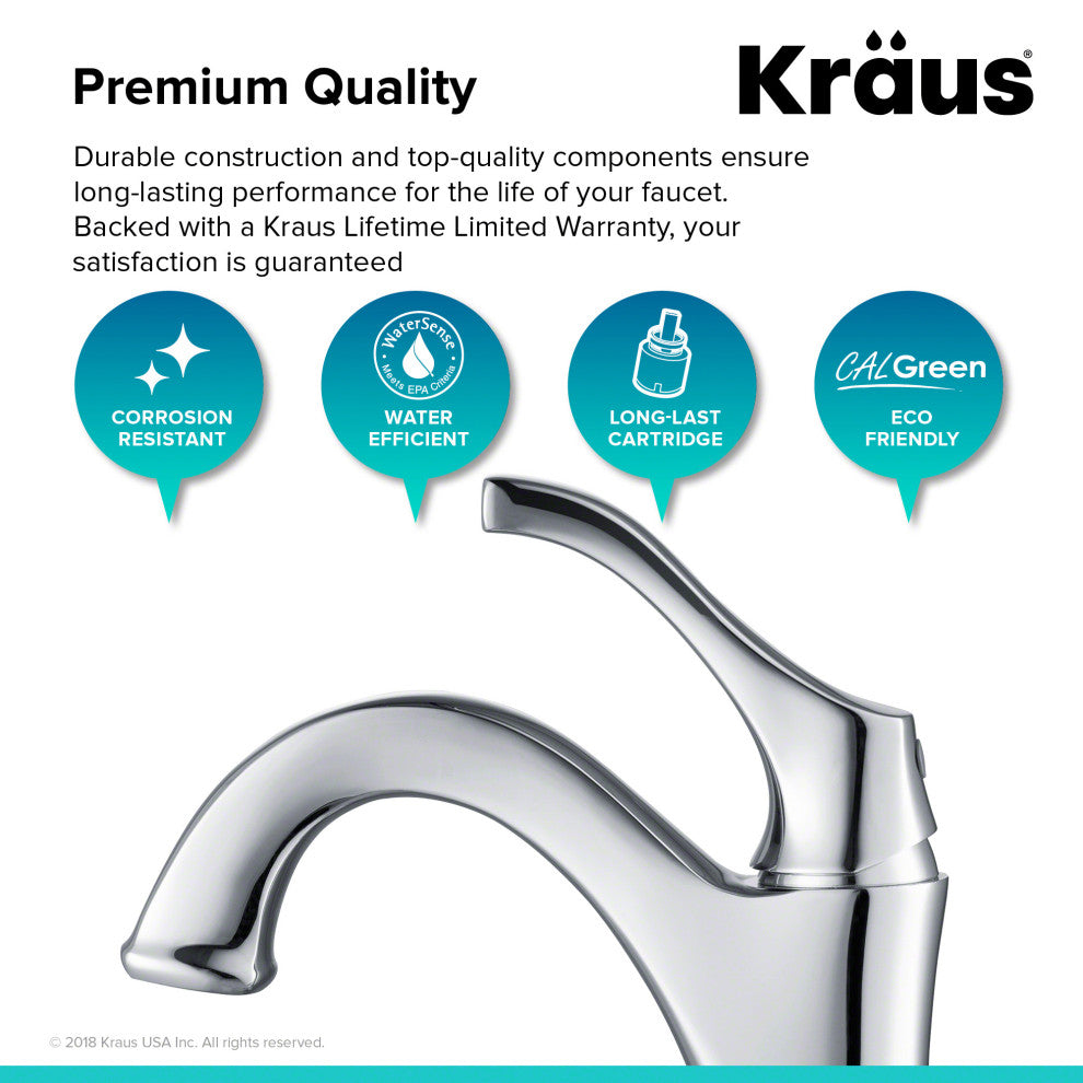 Kraus Arlo Single Handle Basin Faucet, Lift Rod Drain, Chrome, Set of 2