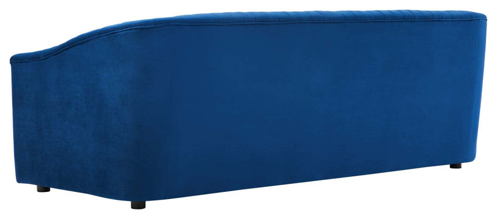 Tufted Sofa, Blue Navy, Velvet, Modern, Mid Century Hotel Lounge Cafe Lobby