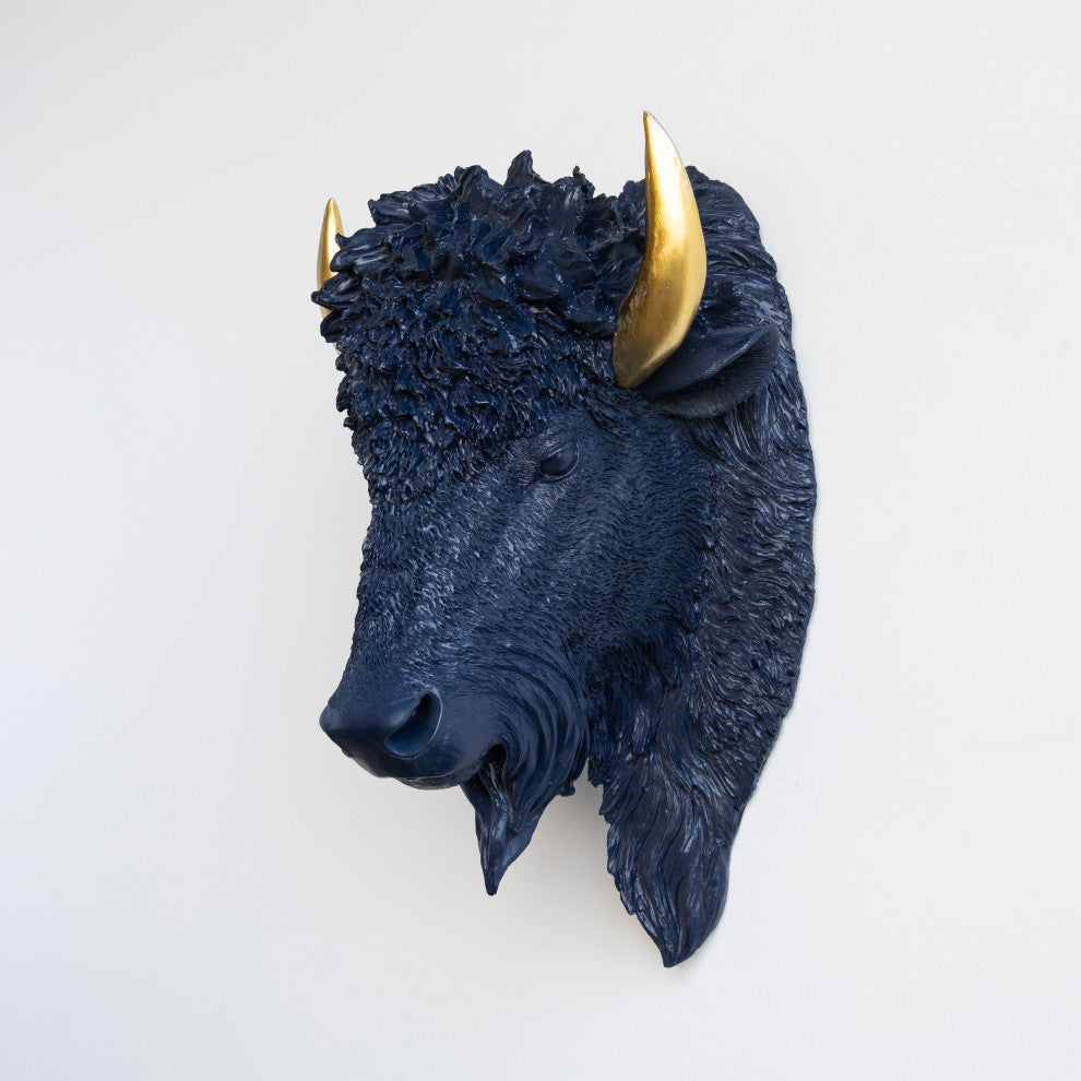 Faux Taxidermy Bison Head Wall Mount, Navy and Gold