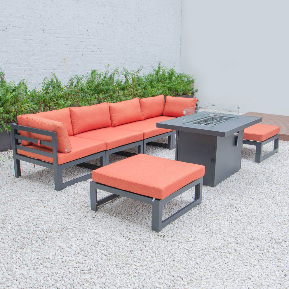 LeisureMod Chelsea 7-Piece Outdoor Sectional With Fire Pit Table, Orange