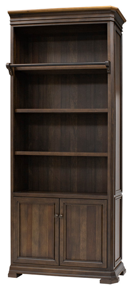 Executive Bookcase Wall With Wood Ladder, Fully Assembled, Brown