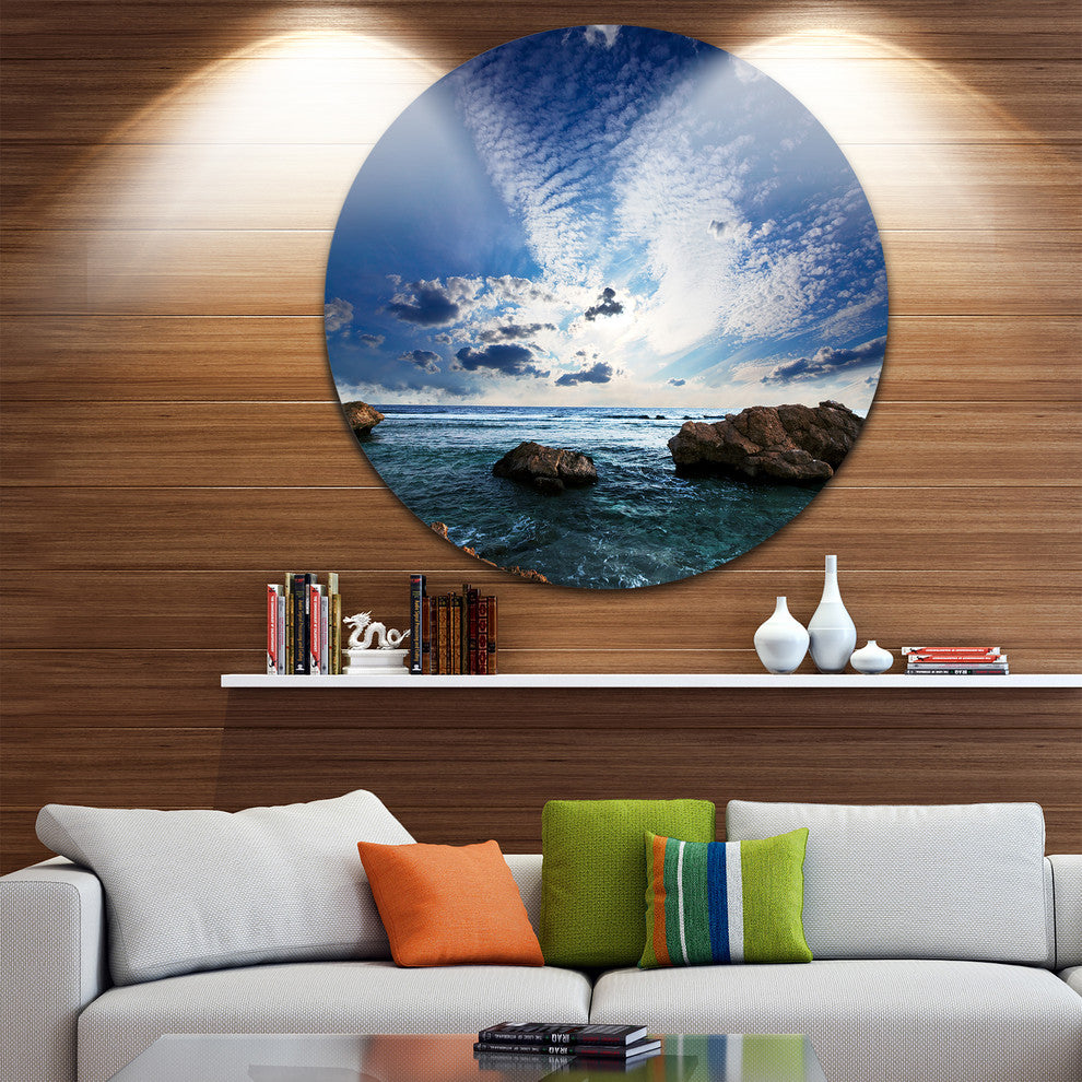 Rocky Beach With White Clouds, Modern Beach Round Wall Art, 11"