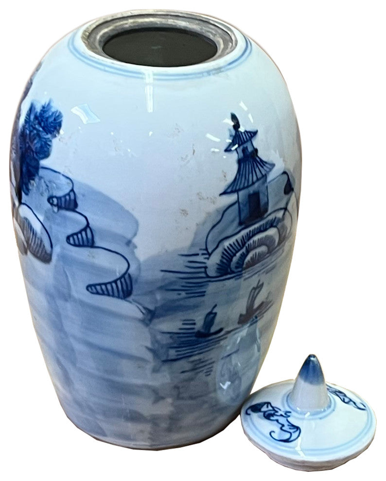 Lot of 2 Blue White Small Scenery Graphic Porcelain Point Lid Jars Hws2514