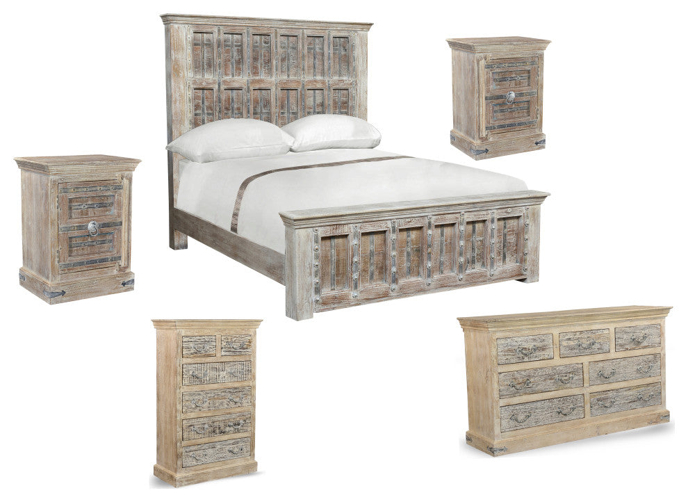 Solid Wood Panel Bed, White, King
