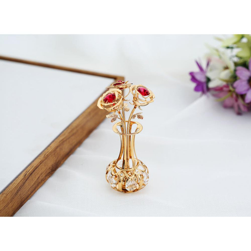 24k Gold Plated Flowers Bouquet and Vase w Red and Clear Crystals Home Decor
