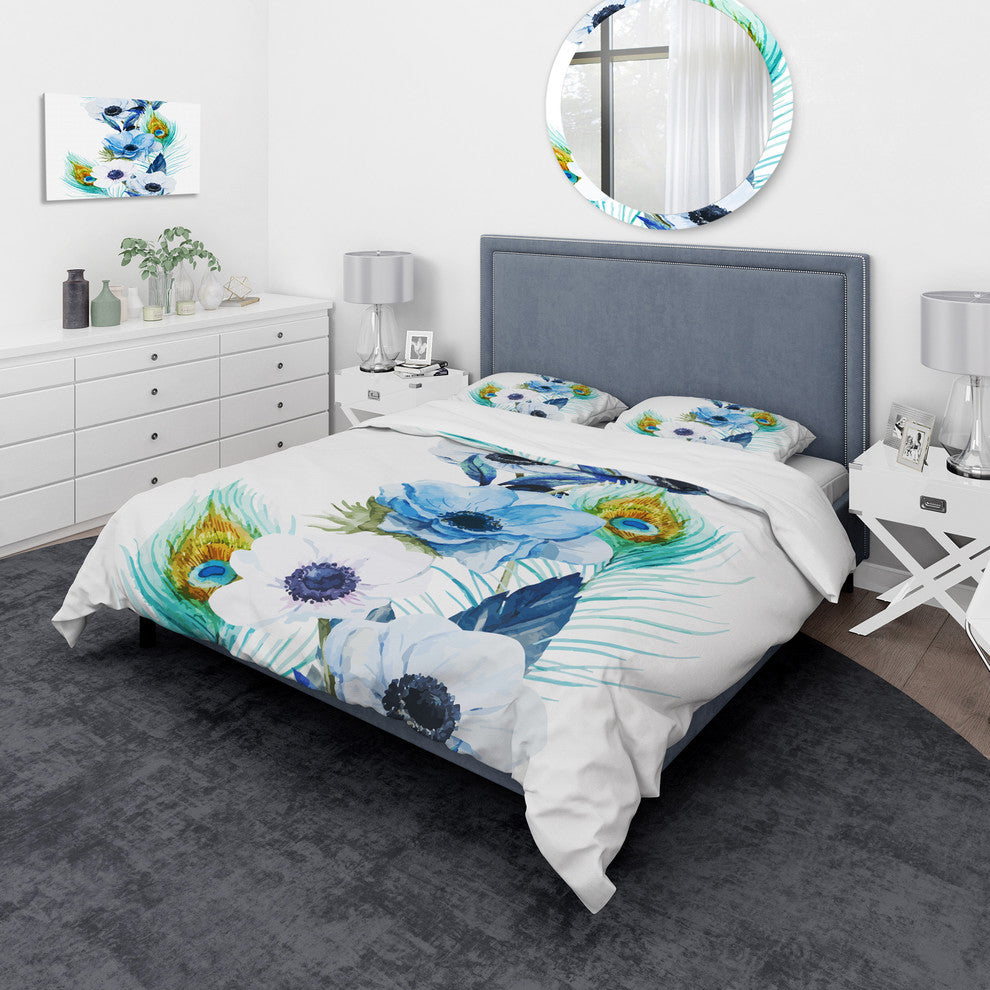 Handpainted Anemones and Peacock Feathers Floral Duvet Cover, King