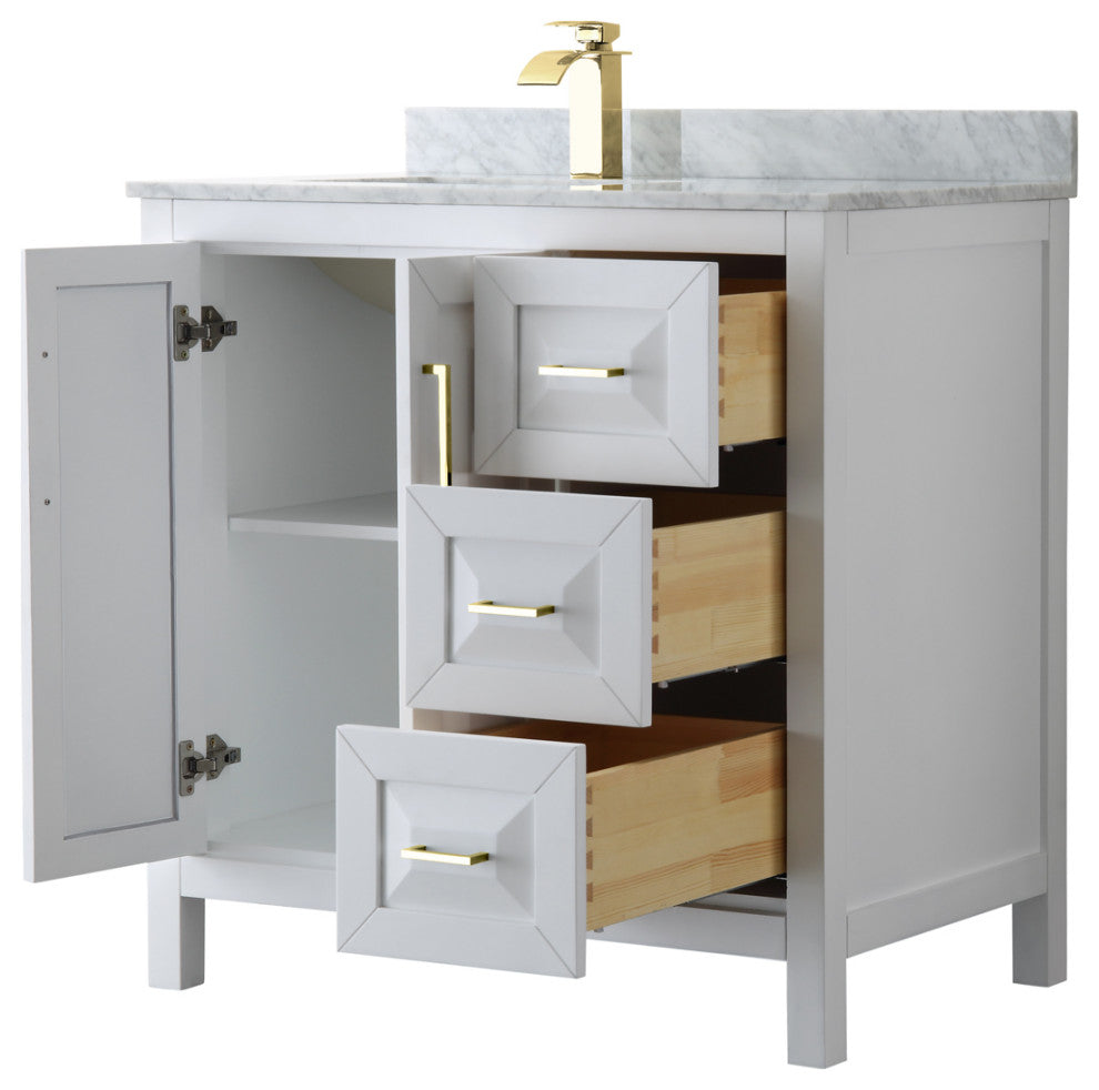 36" Single Bath Vanity, White, White Carrara Countertop, Sink, Gold Trim