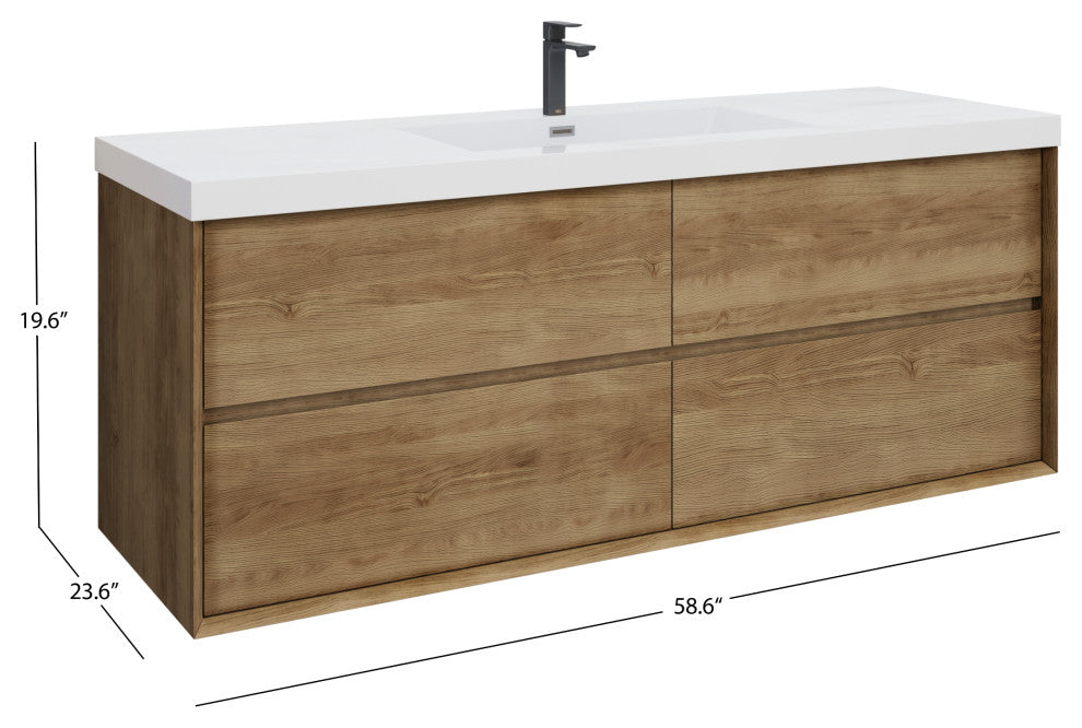 Skylar Bathroom Vanity, White Oak, 60", Single Sink, Wall Mount