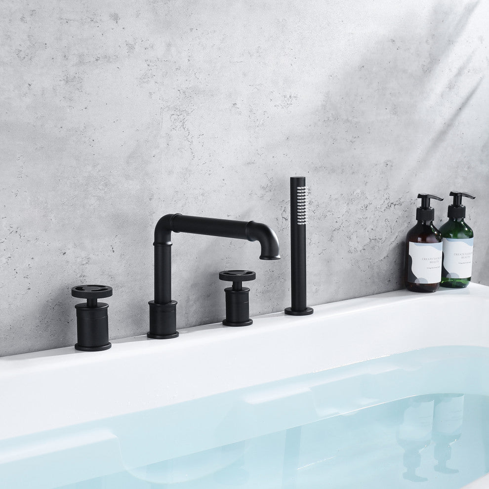 Deck Mounted Modern Tub Filler With Double Wheel Handles And Handshower, Matte B