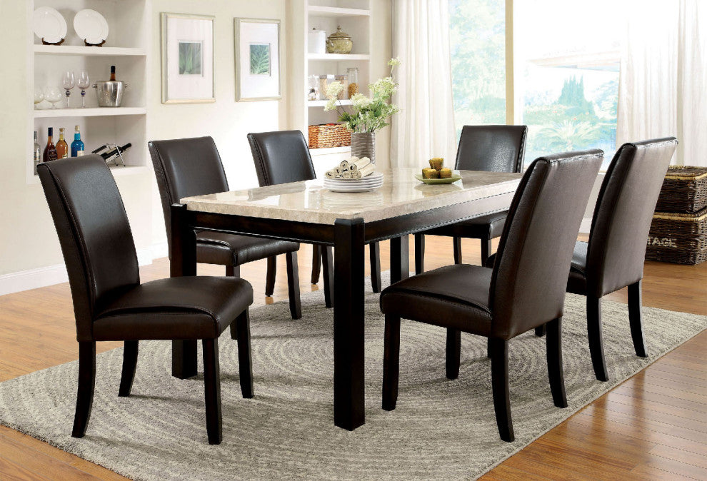 Marble and Leatherette Dining Table, Dark Walnut and Ivory